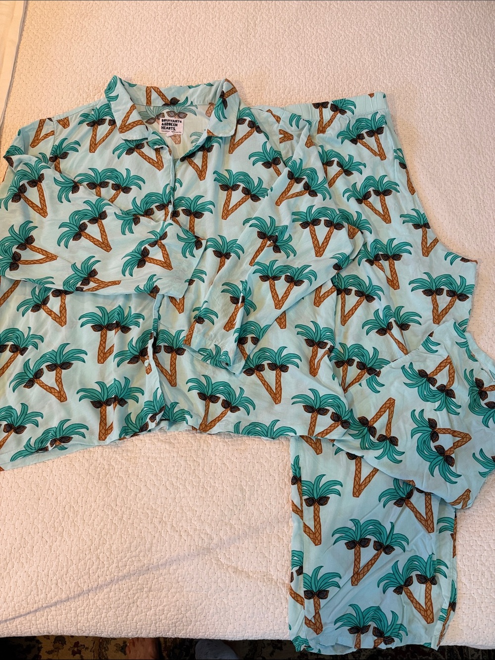 Bouffants & Broken Heaets Palm Tree Print Aqua Blue Pajama Set